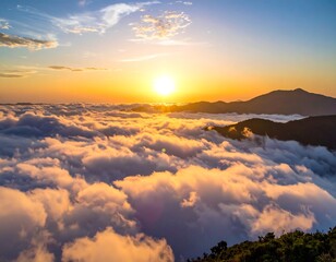 Aerial view of sunrise over a sea of clouds and distant mountains