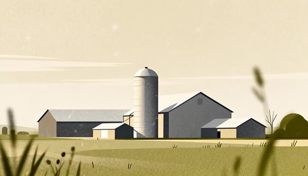 Rural farm landscape animation with silo and barn buildings, agricultural scenery with gentle falling snow.