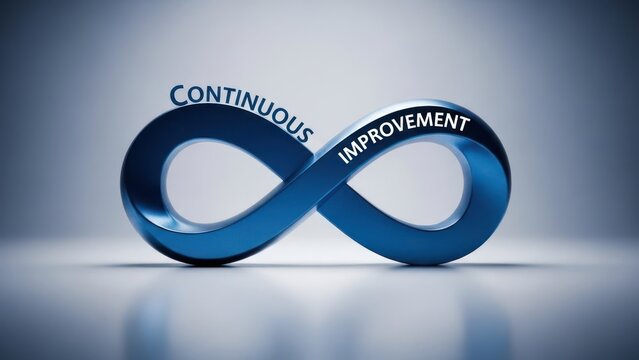 A metallic blue infinity symbol with "Continuous Improvement" text curving around it