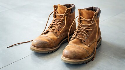 Pair of worn tan leather work boots with laces on a light gray floor