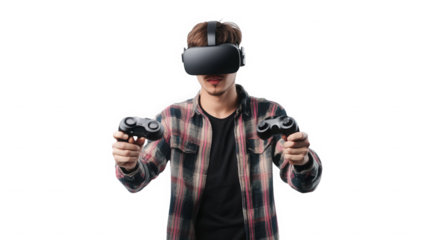 Man wearing vr headset and holding controllers against a black background in a plaid shirt on transparent background