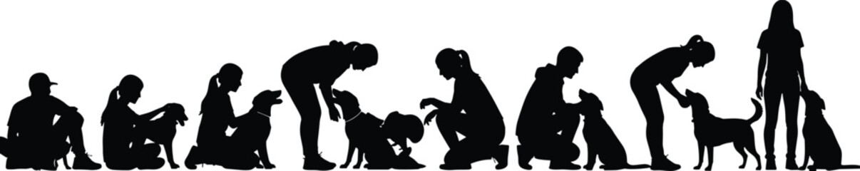 Black silhouette vector set of diverse people interacting with dogs, petting, sitting, and standing figures, human-animal bonding, pet companionship concept, isolated white background