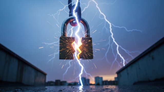 A padlock is struck by lightning, breaking apart with sparks amid a stormy sky