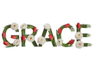 Grace word composed of roses tulips and greenery text isolated on a transparent background