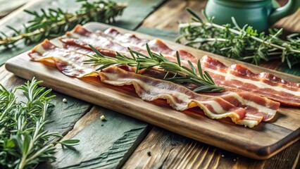 Savory aromas waft from a rustic wooden cutting board as strips of goldenbrown bacon sizzle in harmony with fresh fragrant herbs