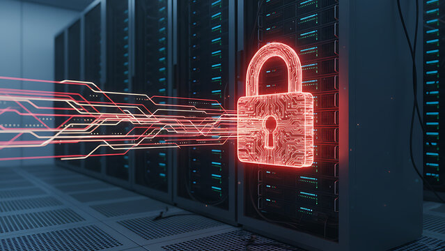 3d illustration glowing red padlock server room rack background cyber security data protection ransomware virus malware attack danger warning concept, Cybersecurity Data Network Protection