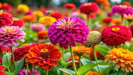 Zinnia elegans blooms with vibrant colors in a formal garden setting