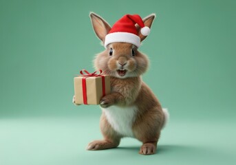 Cute Bunny Wearing Santa Hat Holding Gift Box for Christmas Celebration