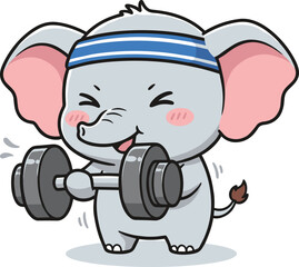 Cartoon elephant workout, cute fitness character, dumbbell lifting animal, cheerful gym pose, motivational design, kids theme, flat vector illustration