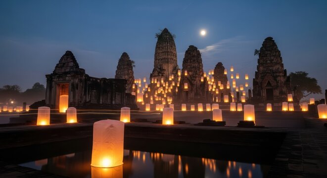 Ancient temple illuminated by glowing lanterns under a twilight sky in Thailand