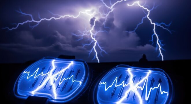 Dramatic thunderstorm backdrop paired with luminous biometric reading devices emphasizing
