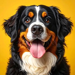 Fototapeta premium Close-up portrait of a fluffy dog with brown, black, and white fur, and a lolling pink tongue, on a yellow background