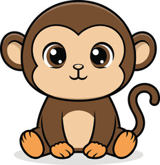 Cartoon monkey character, cute jungle animal, playful sitting pose, children theme design, friendly expression, educational mascot, flat vector illustration