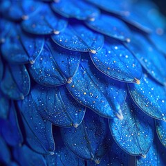 Obraz premium Close-up of many overlapping, deep blue, scale-like shapes, detailed with tiny gold specks and droplets
