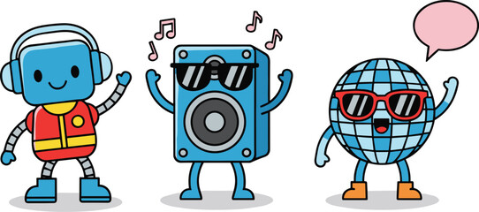 Cartoon robot, speaker character, globe mascot, musical notes, sunglasses, headphones, cheerful expression, technology theme, global fun, flat vector illustration
