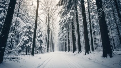 Fototapeta premium A snow-covered path winds through a forest of tall, snow-laden trees under an overcast sky