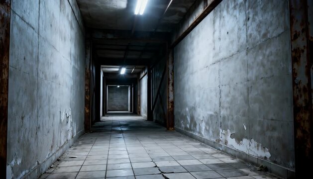 Creepy abandoned hallway walkthrough, horror atmosphere, suspenseful dark interior setting, corridor, decay.