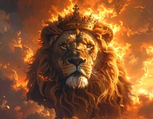 A majestic lion, adorned with a regal golden crown, emerges from a fiery celestial background. Intense golden hues illuminate