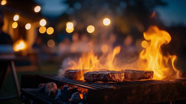 Delicious steaks grilling over an open flame in a warm, inviting outdoor setting