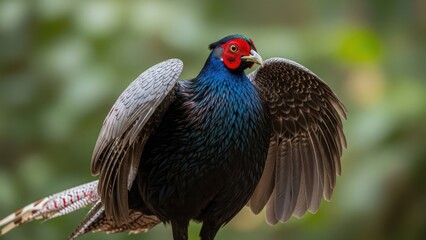 A vibrantly colored pheasant displays its wings in an open, blurred nature scene