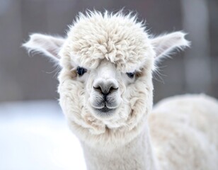 Naklejka premium Close-up portrait of a fluffy, white alpaca looking directly at the viewer with soft, blurred background, highlighting its expressive face