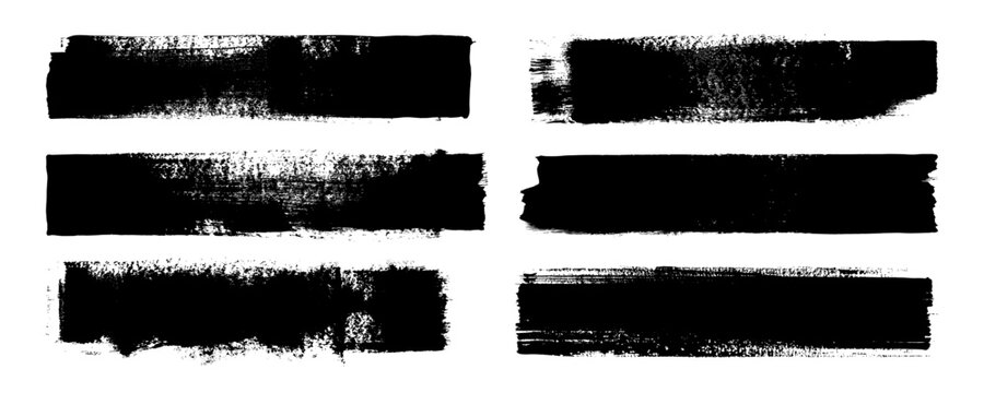 Paint brush stroke lines. Stamp effect text boxes. Straight vector brushstrokes. Black Japanese hand-drawn stripes, smears. Chinese calligraphy set. Rough punk thick dry paint texture. Letterpress bg