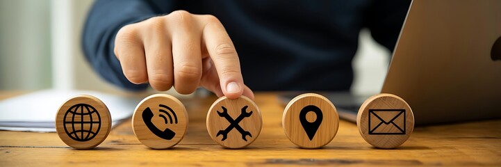 Finger selecting business communication icons on wooden circles  
