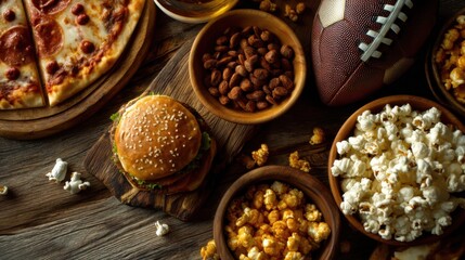 A spread of tasty snacks set for game day includes a juicy burger popcorn nuts and pizza perfect for enjoying while cheering for a favorite team.