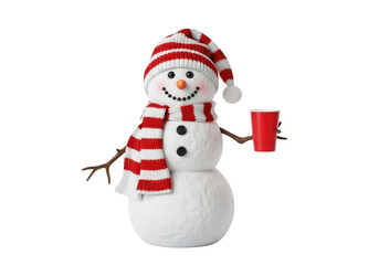 Charming snowman with red and white scarf and hat holding a red cup, isolated on transparent background