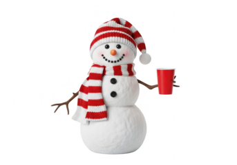 Charming snowman with red and white scarf and hat holding a red cup, isolated on transparent background