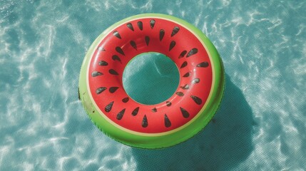 A vibrant watermelon themed float gently floats on clear blue water in a swimming pool. The sun shines brightly creating a perfect summer vibe for relaxation and fun.