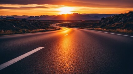 Fototapeta premium A winding road illuminated by a brilliant sunset, leading into a distant mountain range