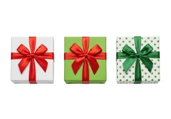 Three gift boxes with ribbons isolated on transparent background