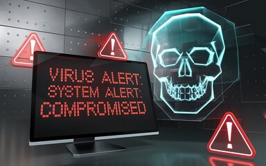 Cybersecurity Virus Alert Background with Digital Skull and Warning Icons