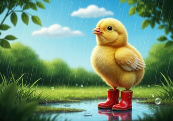 Cute yellow chick wearing red rubber boots standing in puddle during rain in a lush green setting