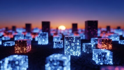 Abstract digital city at sunset with glowing cubes, futuristic, tech, and data-themed