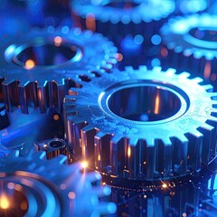 Close-up of intricate metal gears, highlighted by blue and warm light.  Sparkles and illuminated details suggest advanced technology