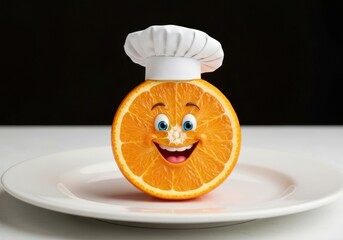Cheerful orange cartoon character with chef hat on a plate against a dark background