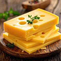 Stacked cheese slices on a wooden board (1)
