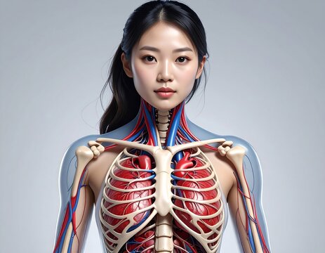 Anatomical illustration of a woman, showing skeletal and circulatory systems