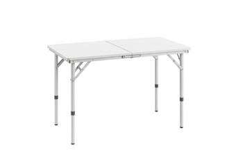 A white folding camping table with a metal frame isolated on transparent background