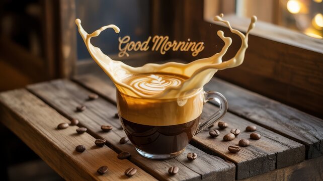 Dynamic coffee splash with intricate latte art and beans on wood - Powered by Adobe