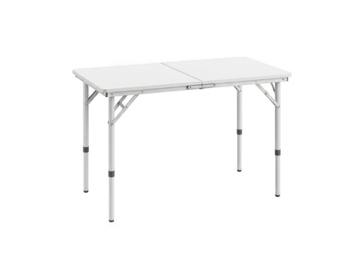 A white folding camping table with a metal frame isolated on transparent background