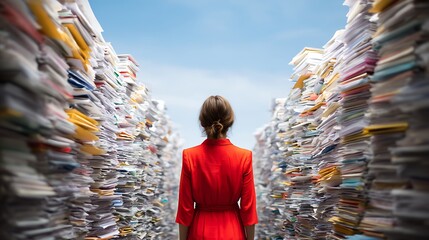 Woman in red dress walking through piles of paper.