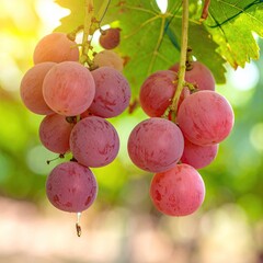 Close-up of clusters of ripe, pinkish-red grapes hanging from vines. Sunlight highlights the plump fruit. Blurred green leaves and background suggest a vineyard setting