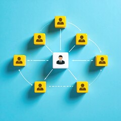 Teamwork, connection, and leadership concept.  Yellow blocks with person icons arranged in a circle around a central block, connected by dotted lines.  A light blue background