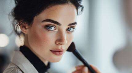 化粧下地を丁寧に肌へなじませる若い女性　スキンケアとメイクの境目が美しい自然な瞬間