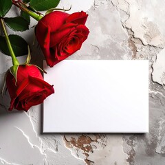 Two red roses rest beside a blank white card on a textured, light gray surface