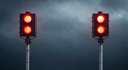Two red traffic lights illuminated against a dark stormy sky background