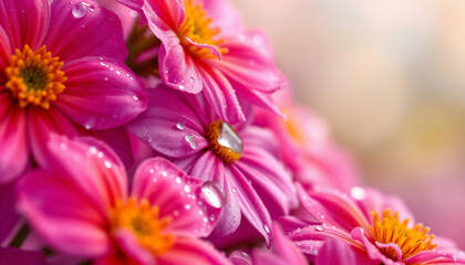 Vibrant Pink Flowers with Fresh Water Droplets in Soft Macro Close-Up